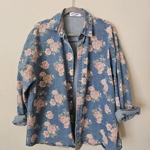 VINTAGE Floral Denim Button-Up Shirt - Pink Rose on Blue